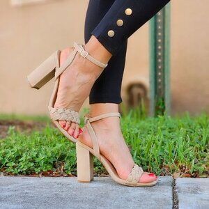 Women Braided Ankle Strap High Chunky Heel Sandals Nude Color
